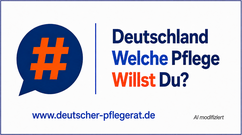 Logo mit einem blauen Sprechblasen-Symbol, darin ein orangefarbener Hashtag, daneben der Text 'Deutschland Welche Pflege Willst Du?' in Blau und Orange sowie die Webadresse 'www.deutscher-pflegerat.de'